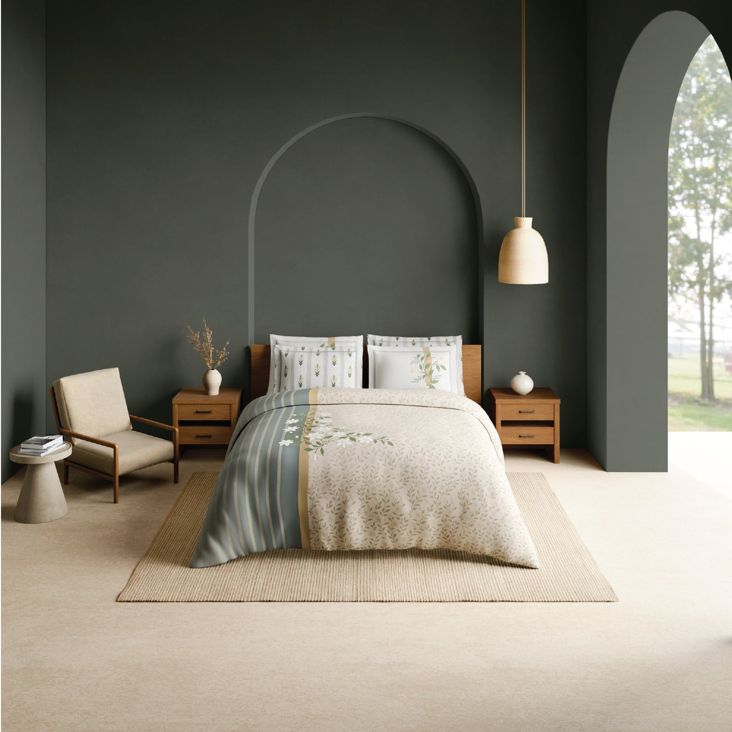 Spaces Meraki Blooms of India 100% Cotton 300 TC Sateen Floral Print Permium Large Bedsheet with 4 Pillow Covers, Cream