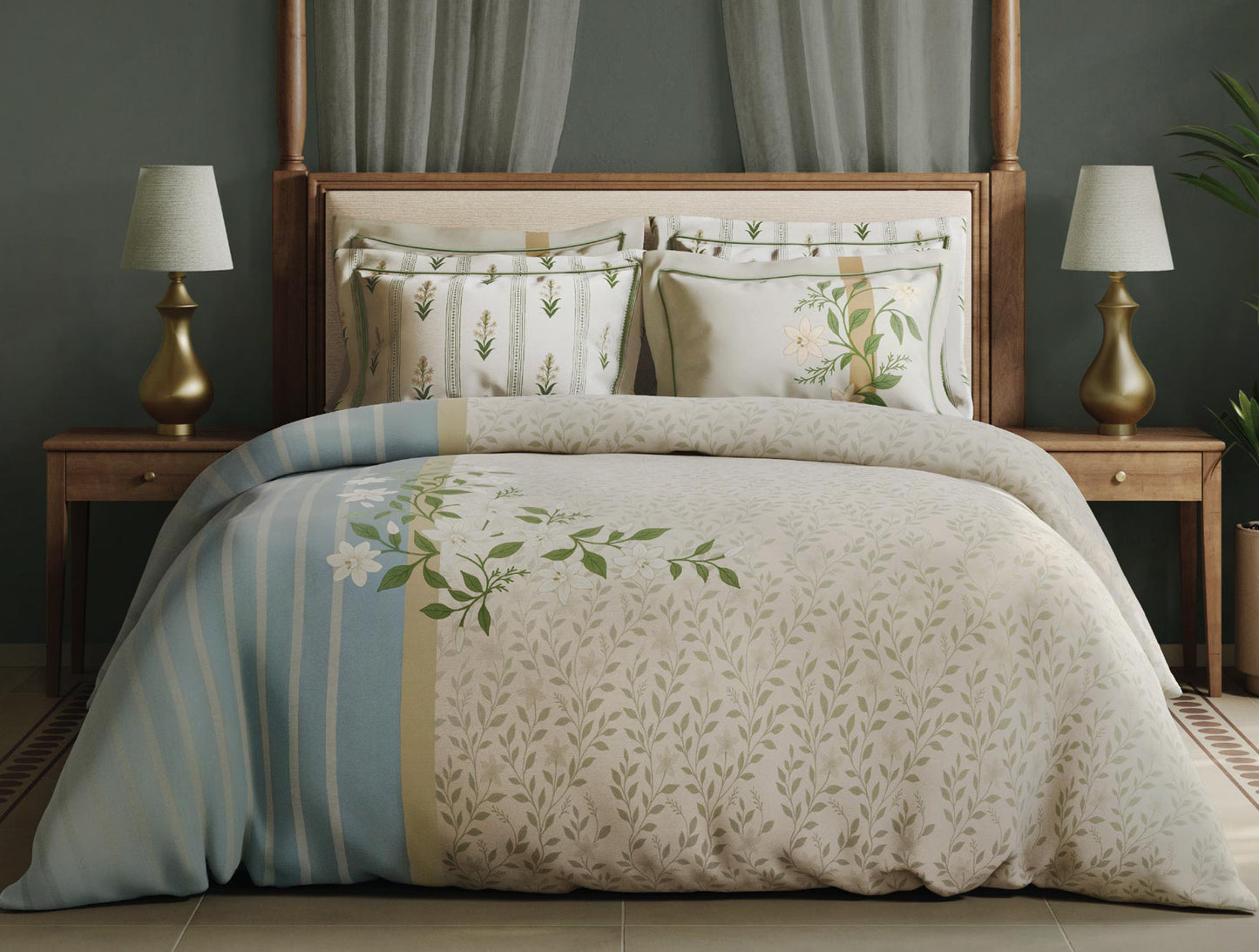 Spaces Meraki Blooms of India 100% Cotton 300 TC Sateen Floral Print Permium Large Bedsheet with 4 Pillow Covers, Cream