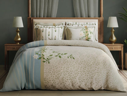 Spaces Meraki Blooms of India 100% Cotton 300 TC Sateen Floral Print Permium Large Bedsheet with 4 Pillow Covers, Cream