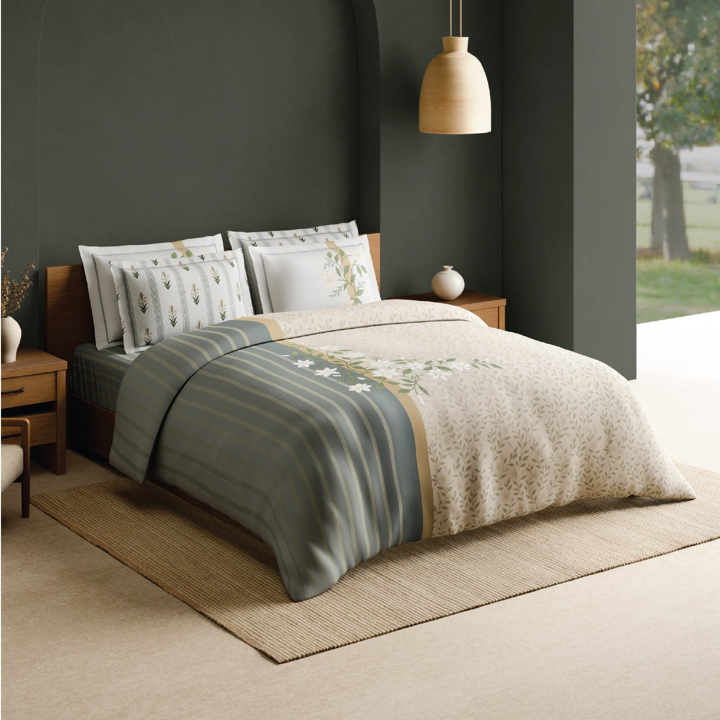 Spaces Meraki Blooms of India 100% Cotton 300 TC Sateen Floral Print Permium Large Bedsheet with 4 Pillow Covers, Cream