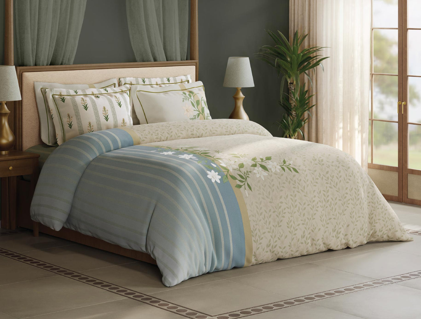 Spaces Meraki Blooms of India 100% Cotton 300 TC Sateen Floral Print Permium Large Bedsheet with 4 Pillow Covers, Cream