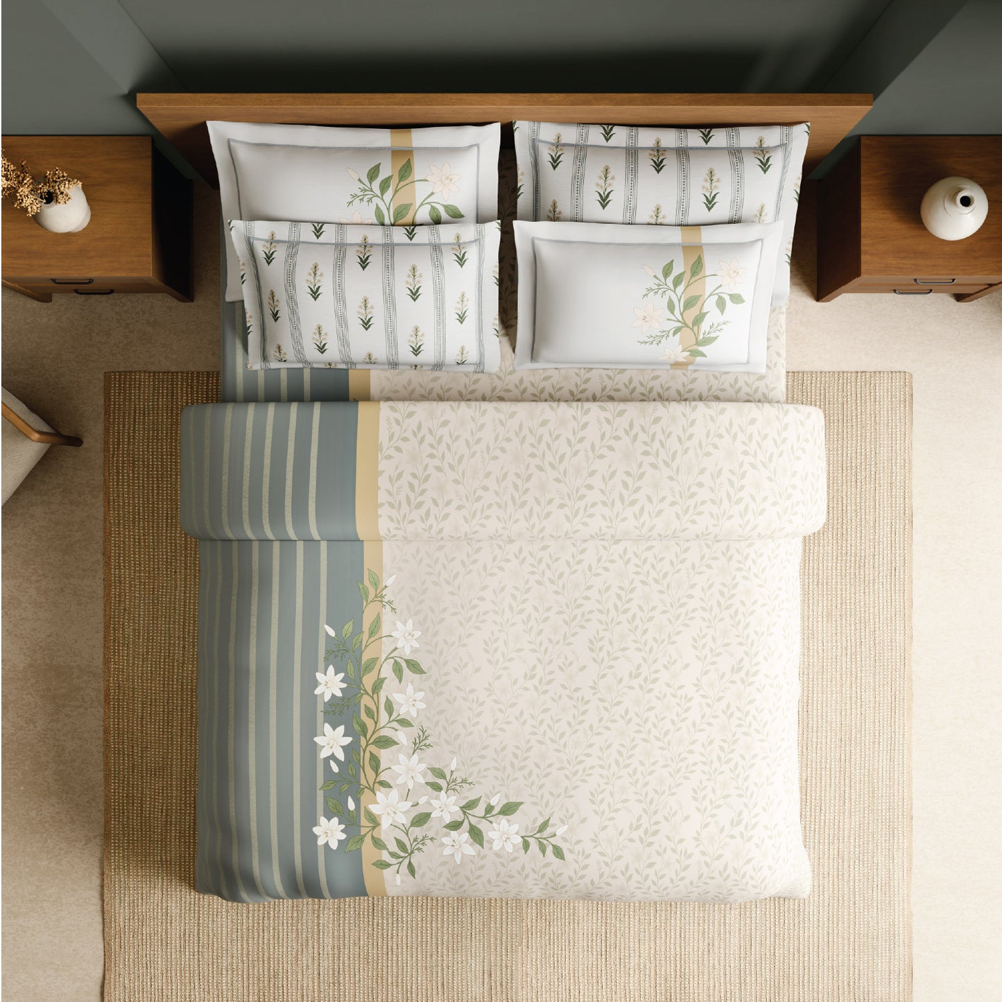 Spaces Meraki Blooms of India 100% Cotton 300 TC Sateen Floral Print Permium Large Bedsheet with 4 Pillow Covers, Cream