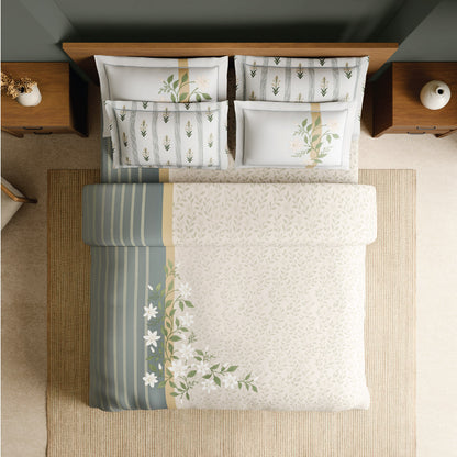 Spaces Meraki Blooms of India 100% Cotton 300 TC Sateen Floral Print Permium Large Bedsheet with 4 Pillow Covers, Cream