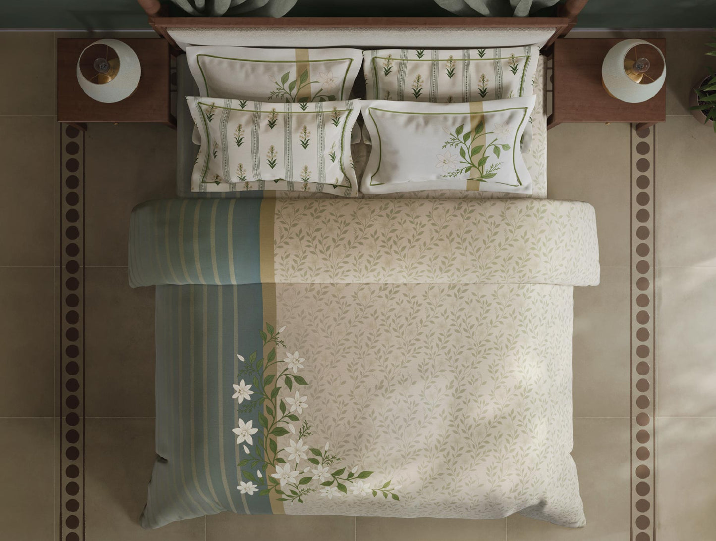 Spaces Meraki Blooms of India 100% Cotton 300 TC Sateen Floral Print Permium Large Bedsheet with 4 Pillow Covers, Cream
