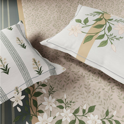 Spaces Meraki Blooms of India 100% Cotton 300 TC Sateen Floral Print Permium Large Bedsheet with 4 Pillow Covers, Cream