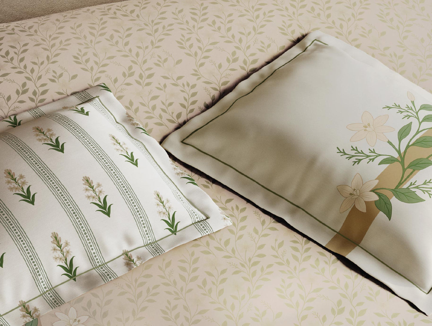 Spaces Meraki Blooms of India 100% Cotton 300 TC Sateen Floral Print Permium Large Bedsheet with 4 Pillow Covers, Cream