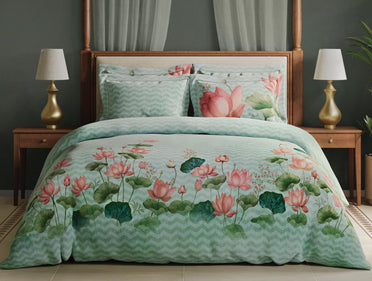 Spaces Meraki Blooms of India 100% Cotton 300 TC Sateen Floral Print Permium Large Bedsheet with 4 Pillow Covers, Light Aqua