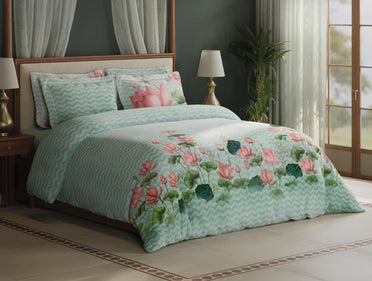 Spaces Meraki Blooms of India 100% Cotton 300 TC Sateen Floral Print Permium Large Bedsheet with 4 Pillow Covers, Light Aqua