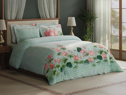 Spaces Meraki Blooms of India 100% Cotton 300 TC Sateen Floral Print Permium Large Bedsheet with 4 Pillow Covers, Light Aqua