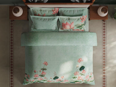 Spaces Meraki Blooms of India 100% Cotton 300 TC Sateen Floral Print Permium Large Bedsheet with 4 Pillow Covers, Light Aqua