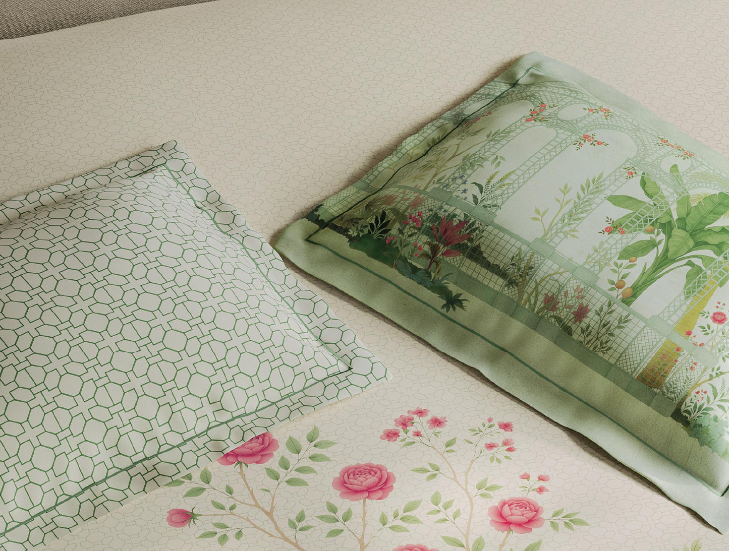 Spaces Meraki Blooms of India 100% Cotton 300 TC Sateen Floral Print Permium Large Bedsheet with 4 Pillow Covers, Light Aqua