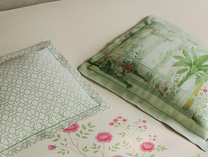 Spaces Meraki Blooms of India 100% Cotton 300 TC Sateen Floral Print Permium Large Bedsheet with 4 Pillow Covers, Light Aqua