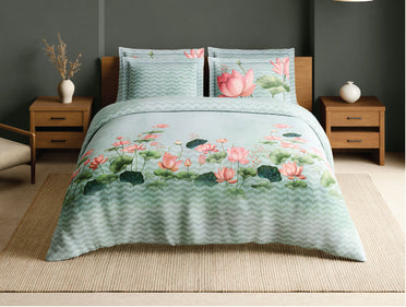 Spaces Meraki Blooms of India 100% Cotton 300 TC Sateen Floral Print Permium Large Bedsheet with 4 Pillow Covers, Light Aqua