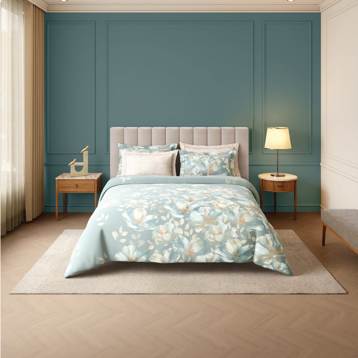 Spaces Nora Luminous Reverie 100% Egyptain Cotton 350 TC Sateen Floral Print Permium Large Bedsheet with 4 Pillow Covers, Light Blue