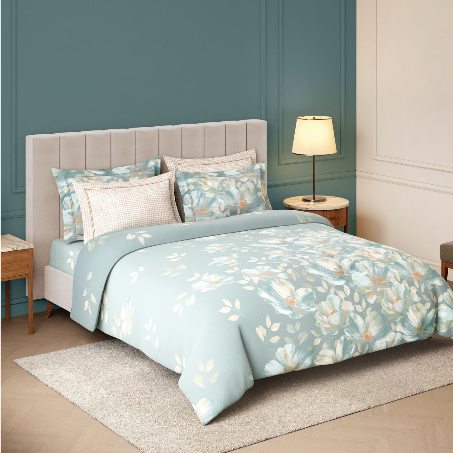 Spaces Nora Luminous Reverie 100% Egyptain Cotton 350 TC Sateen Floral Print Permium Large Bedsheet with 4 Pillow Covers, Light Blue