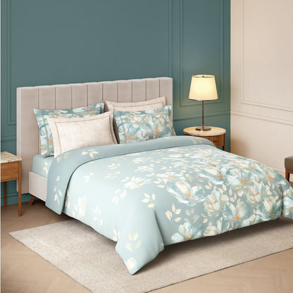 Spaces Nora Luminous Reverie 100% Egyptain Cotton 350 TC Sateen Floral Print Permium Large Bedsheet with 4 Pillow Covers, Light Blue