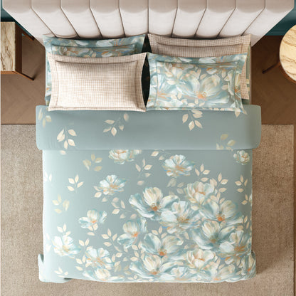Spaces Nora Luminous Reverie 100% Egyptain Cotton 350 TC Sateen Floral Print Permium Large Bedsheet with 4 Pillow Covers, Light Blue