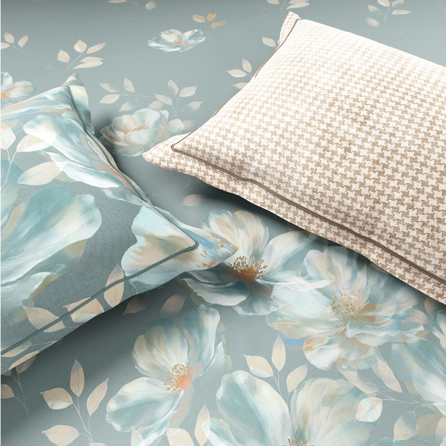 Spaces Nora Luminous Reverie 100% Egyptain Cotton 350 TC Sateen Floral Print Permium Large Bedsheet with 4 Pillow Covers, Light Blue