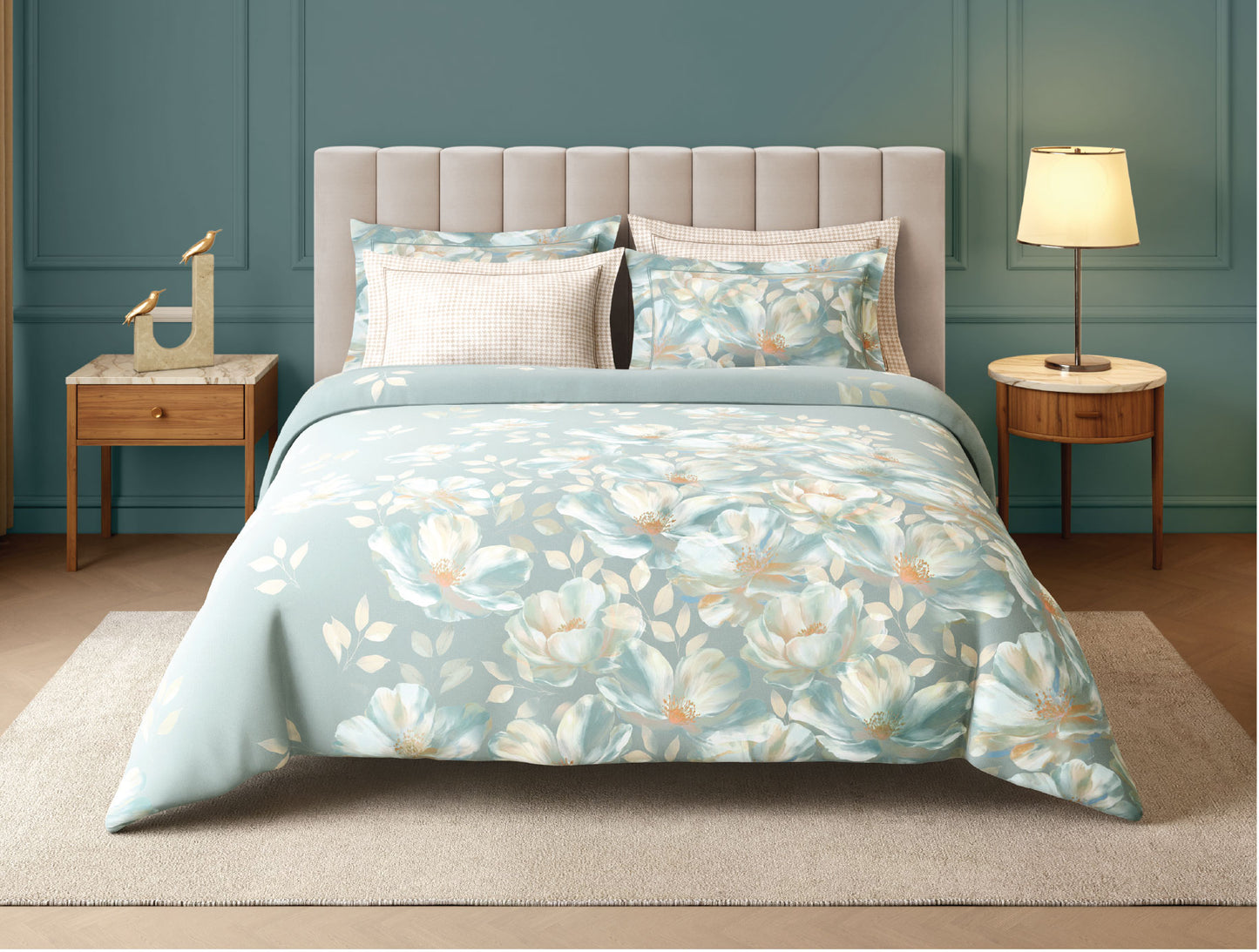 Spaces Nora Luminous Reverie 100% Egyptain Cotton 350 TC Sateen Floral Print Permium Large Bedsheet with 4 Pillow Covers, Light Blue