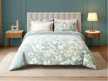 Spaces Nora Luminous Reverie 100% Egyptain Cotton 350 TC Sateen Floral Print Permium Large Bedsheet with 4 Pillow Covers, Light Blue