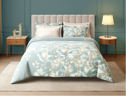Spaces Nora Luminous Reverie 100% Egyptain Cotton 350 TC Sateen Floral Print Permium Large Bedsheet with 4 Pillow Covers, Light Blue