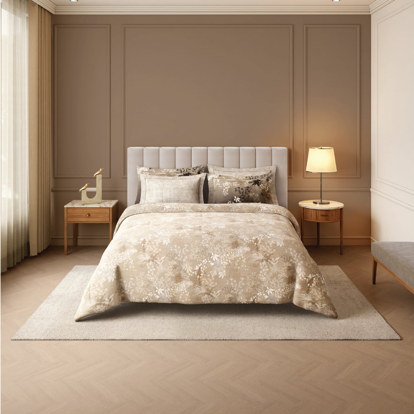 Spaces Nora Luminous Reverie 100% Egyptain Cotton 350 TC Sateen Abstract Permium Large Bedsheet with 4 Pillow Covers, Light Taupe