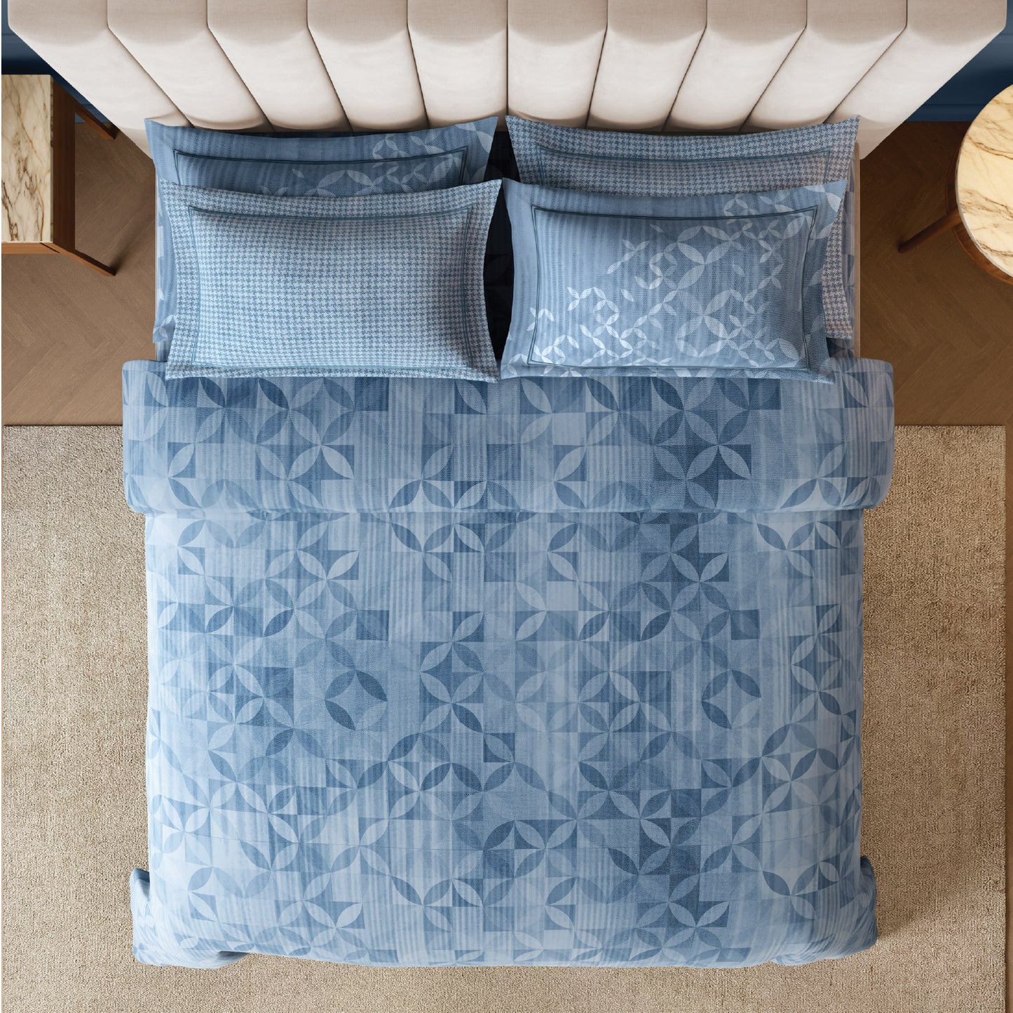 Spaces Nora Luminous Reverie 100% Egyptain Cotton 350 TC Sateen Geometric Permium Large Bedsheet with 4 Pillow Covers, Light Teal