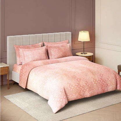 Spaces Nora Luminous Reverie 100% Egyptain Cotton 350 TC Sateen Geometric Permium Large Bedsheet with 4 Pillow Covers, Light Blush