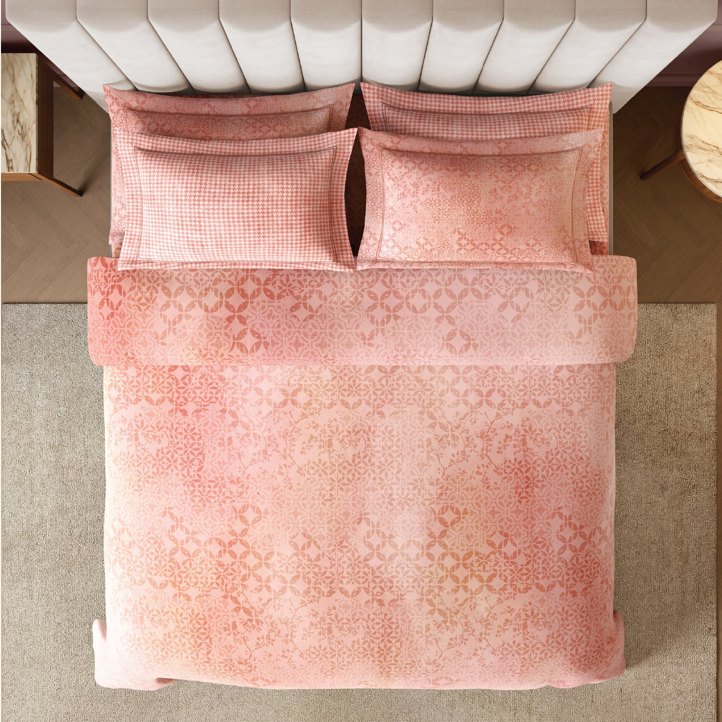 Spaces Nora Luminous Reverie 100% Egyptain Cotton 350 TC Sateen Geometric Permium Large Bedsheet with 4 Pillow Covers, Light Blush