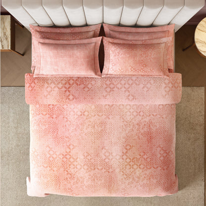 Spaces Nora Luminous Reverie 100% Egyptain Cotton 350 TC Sateen Geometric Permium Large Bedsheet with 4 Pillow Covers, Light Blush