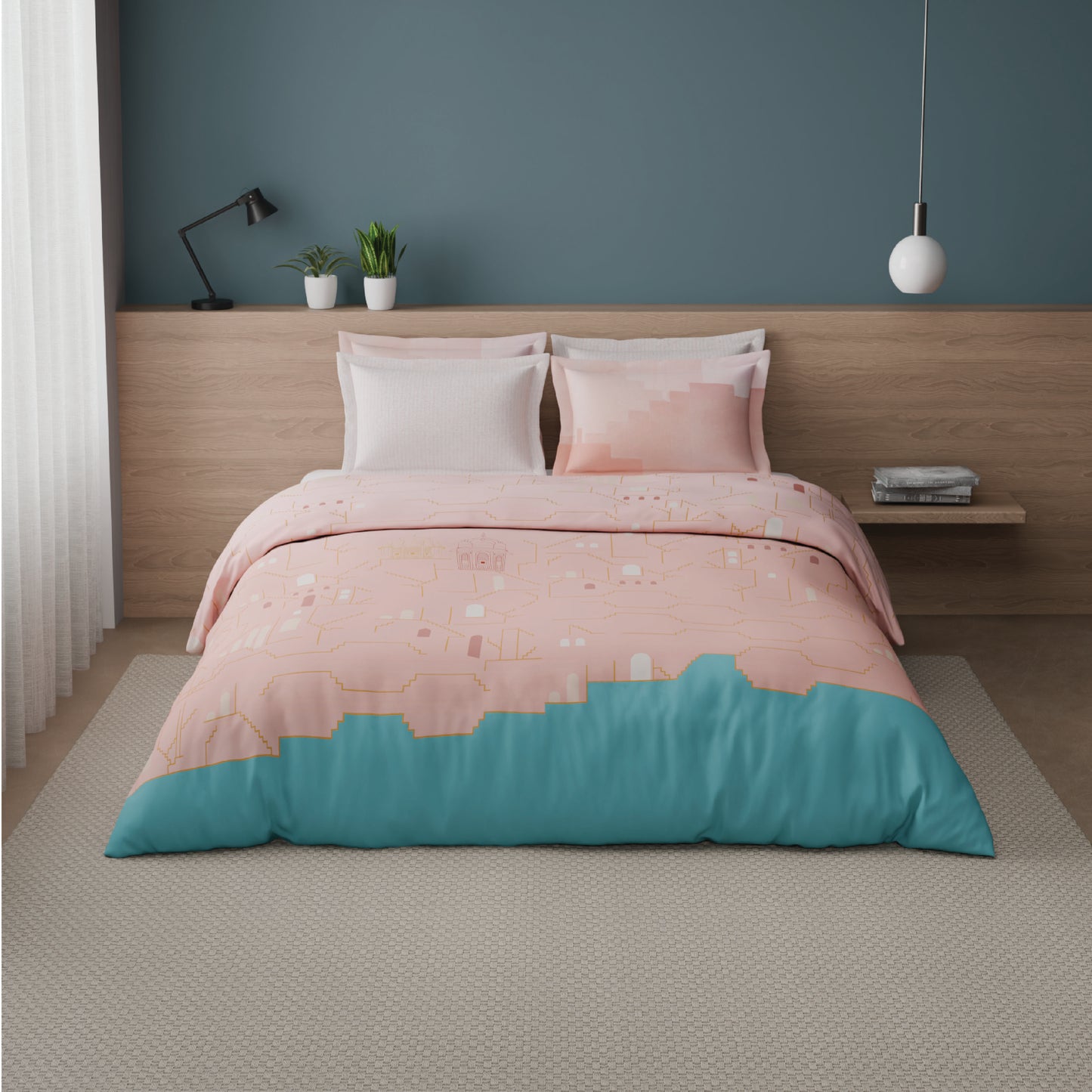 Spaces Riviera 100% Cotton 200 TC Percale Abstract Design Permium Large Bedsheet with 4 Pillow Covers, Strawberry Cream