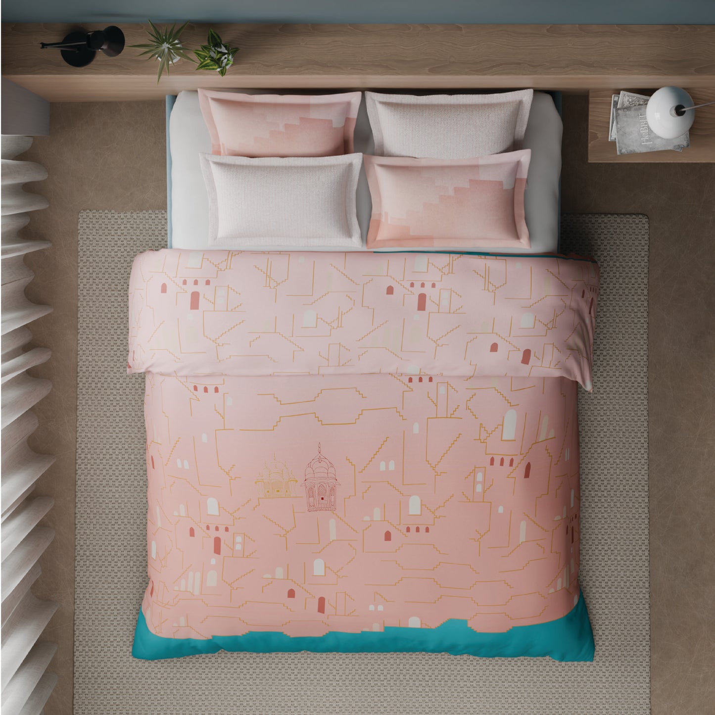 Spaces Riviera 100% Cotton 200 TC Percale Abstract Design Permium Large Bedsheet with 4 Pillow Covers, Strawberry Cream