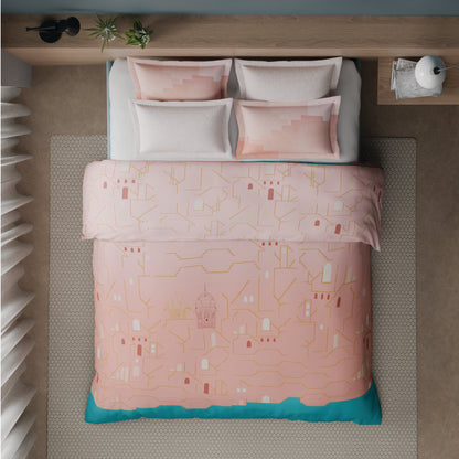 Spaces Riviera 100% Cotton 200 TC Percale Abstract Design Permium Large Bedsheet with 4 Pillow Covers, Strawberry Cream