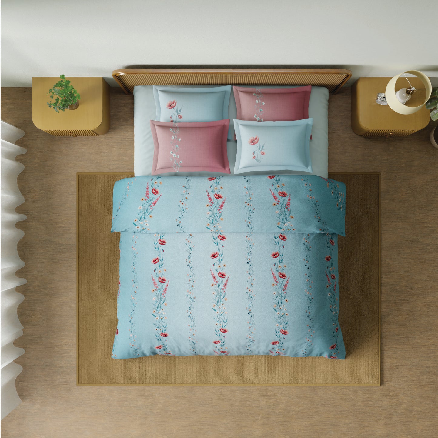 Spaces Riviera 100% Cotton 200 TC Percale Abstract Design Permium Large Bedsheet with 4 Pillow Covers, Starlight Blue