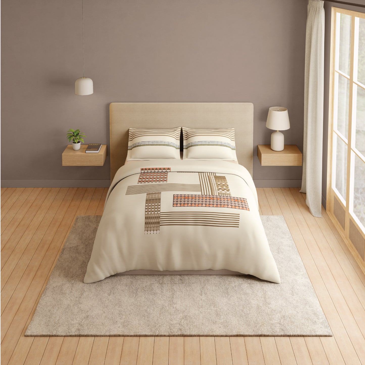 Spaces Vortex 100% Cotton 180 TC Percale Geometric Permium Large Bedsheet with 4 Pillow Covers, Beige