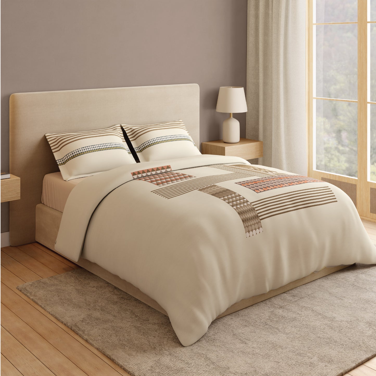 Spaces Vortex 100% Cotton 180 TC Percale Geometric Permium Large Bedsheet with 4 Pillow Covers, Beige