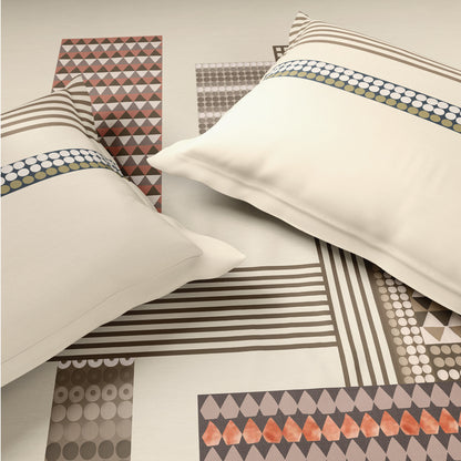 Spaces Vortex 100% Cotton 180 TC Percale Geometric Permium Large Bedsheet with 4 Pillow Covers, Beige