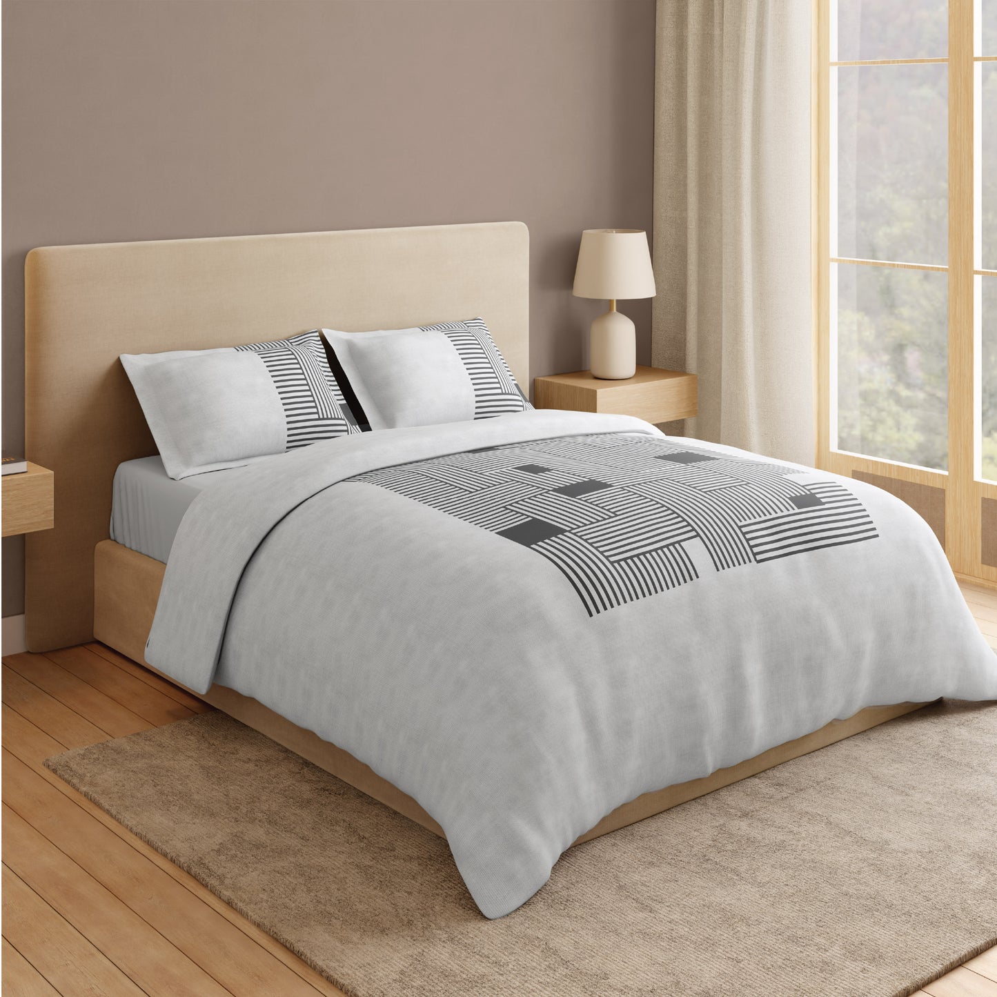 Spaces Vortex 100% Cotton 180 TC Percale Geometric Permium Large Bedsheet with 4 Pillow Covers, White