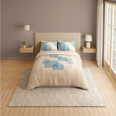 Spaces Vortex 100% Cotton 180 TC Percale Geometric Permium Large Bedsheet with 4 Pillow Covers, Eggnog