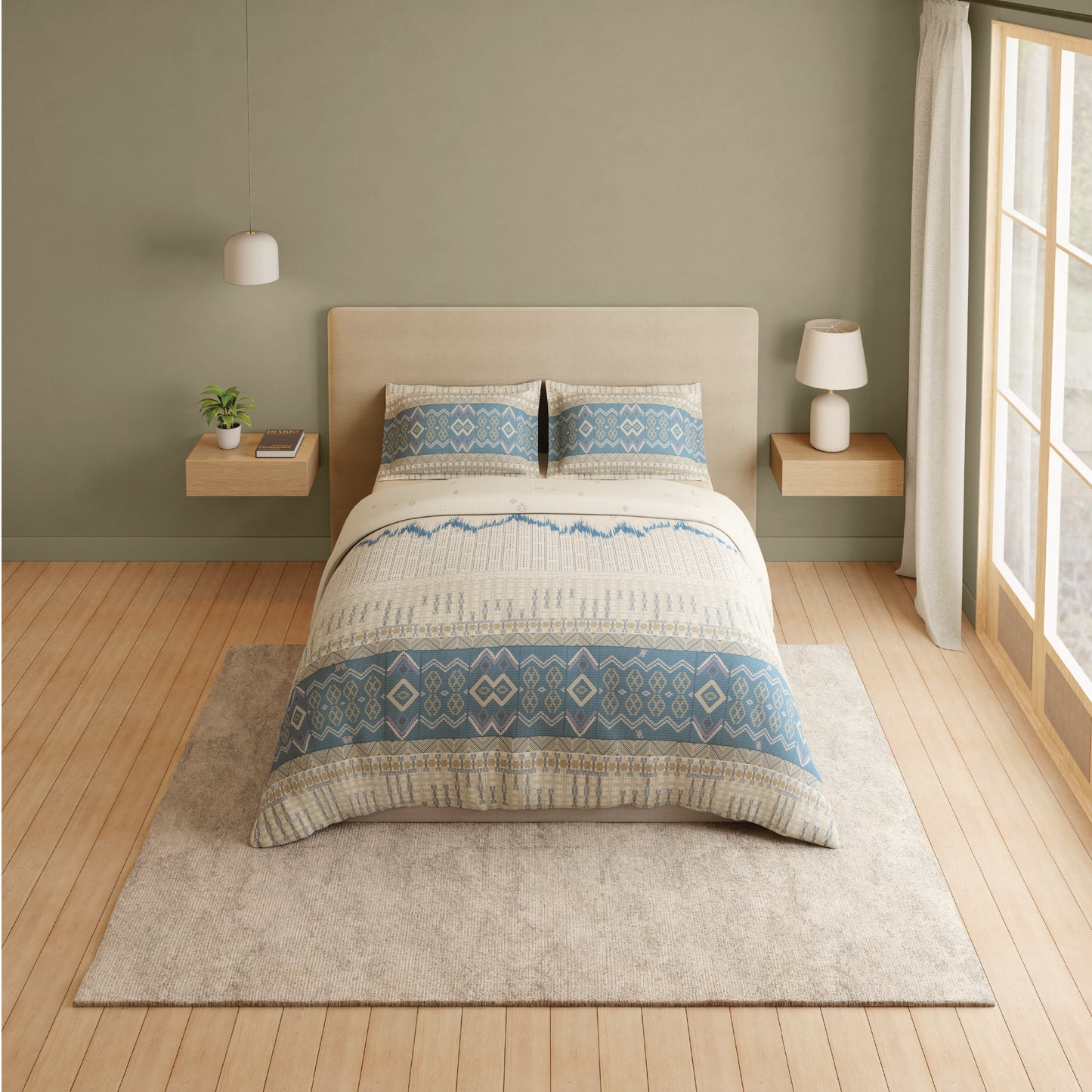 Spaces Vortex 100% Cotton 180 TC Percale Geometric Permium Large Bedsheet with 4 Pillow Covers, Cream