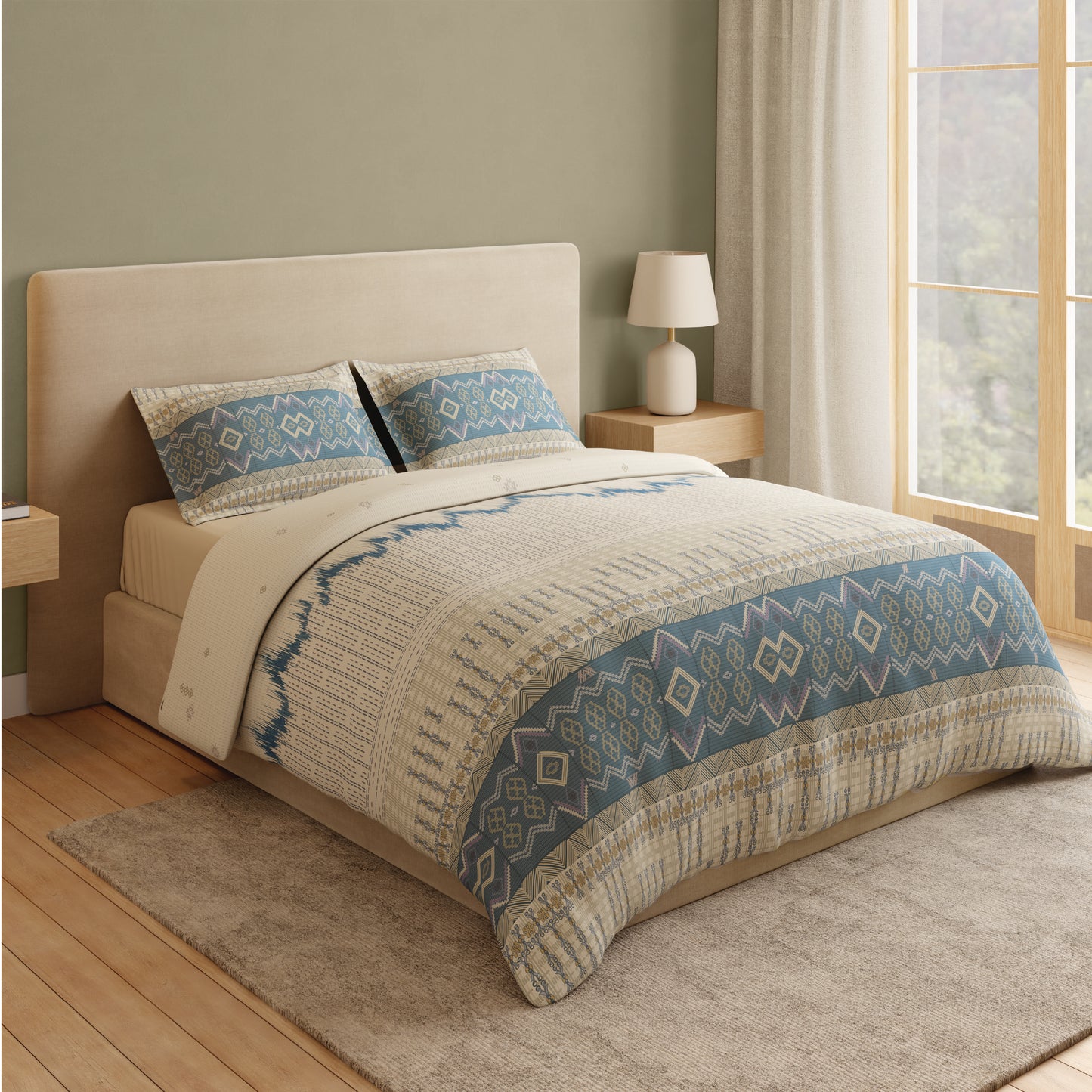 Spaces Vortex 100% Cotton 180 TC Percale Geometric Permium Large Bedsheet with 4 Pillow Covers, Cream