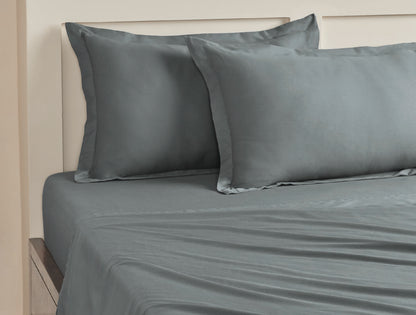 Spaces Aven Grey Solid 100% Cotton 210 TC Large Bedsheet with 2 Pillow Covers - 108 x 108 Inches