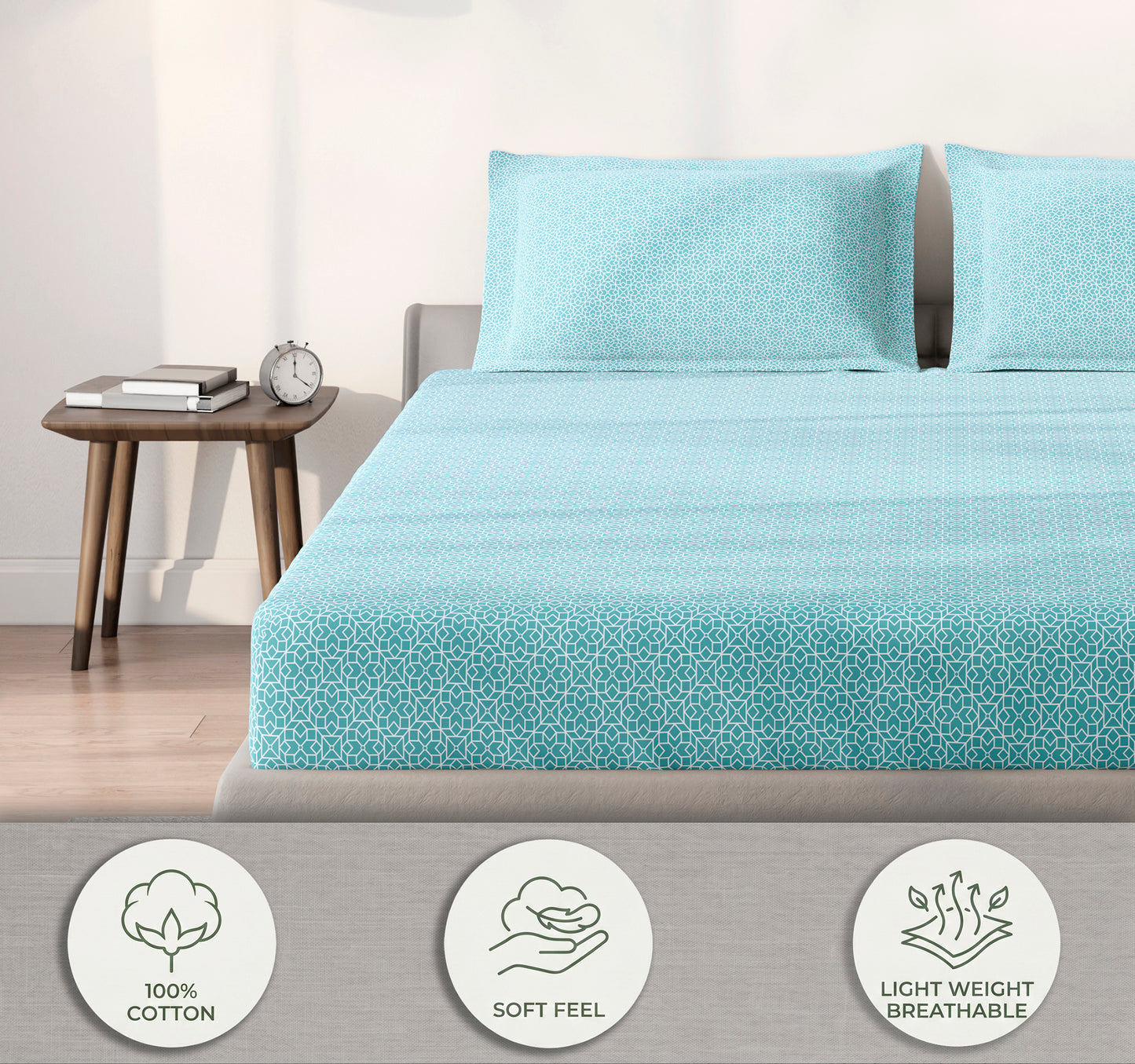 Spaces Aeris Light Aqua Geoemtric Cotton 144TC Percale Large Bedsheet Set