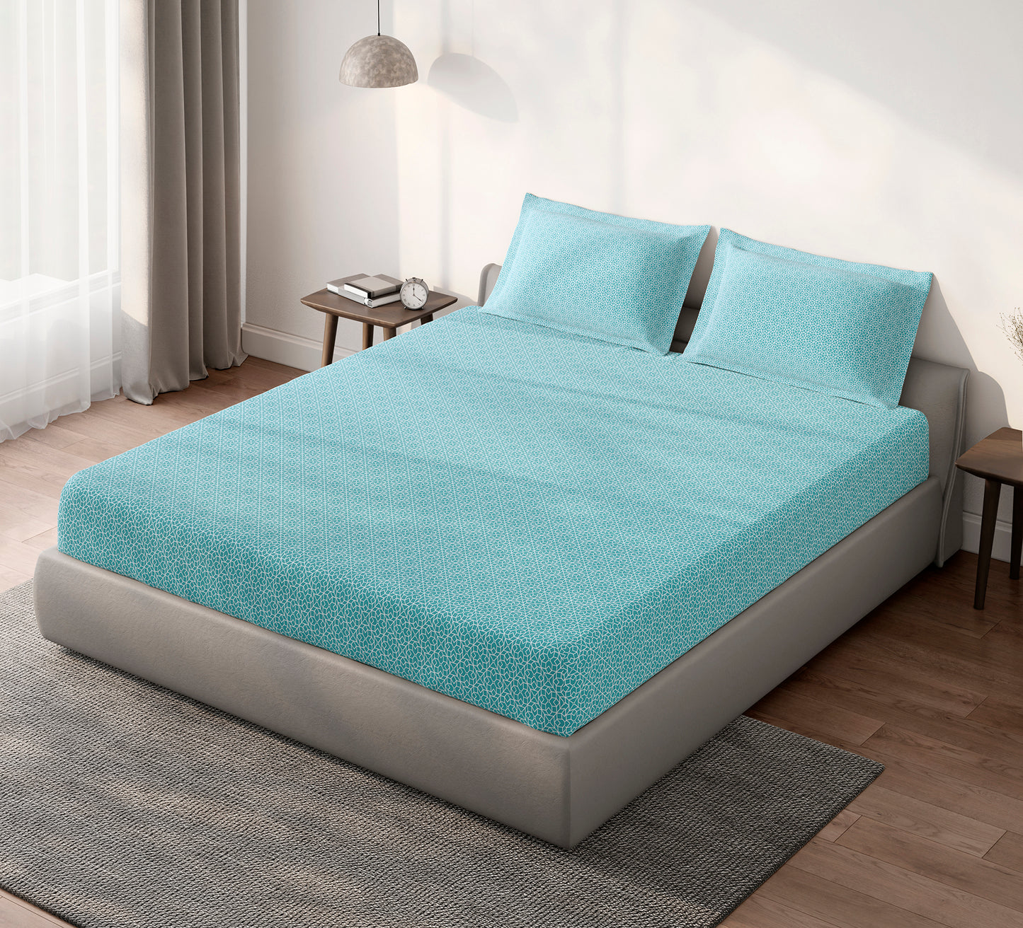 Spaces Aeris Light Aqua Geoemtric Cotton 144TC Percale Large Bedsheet Set
