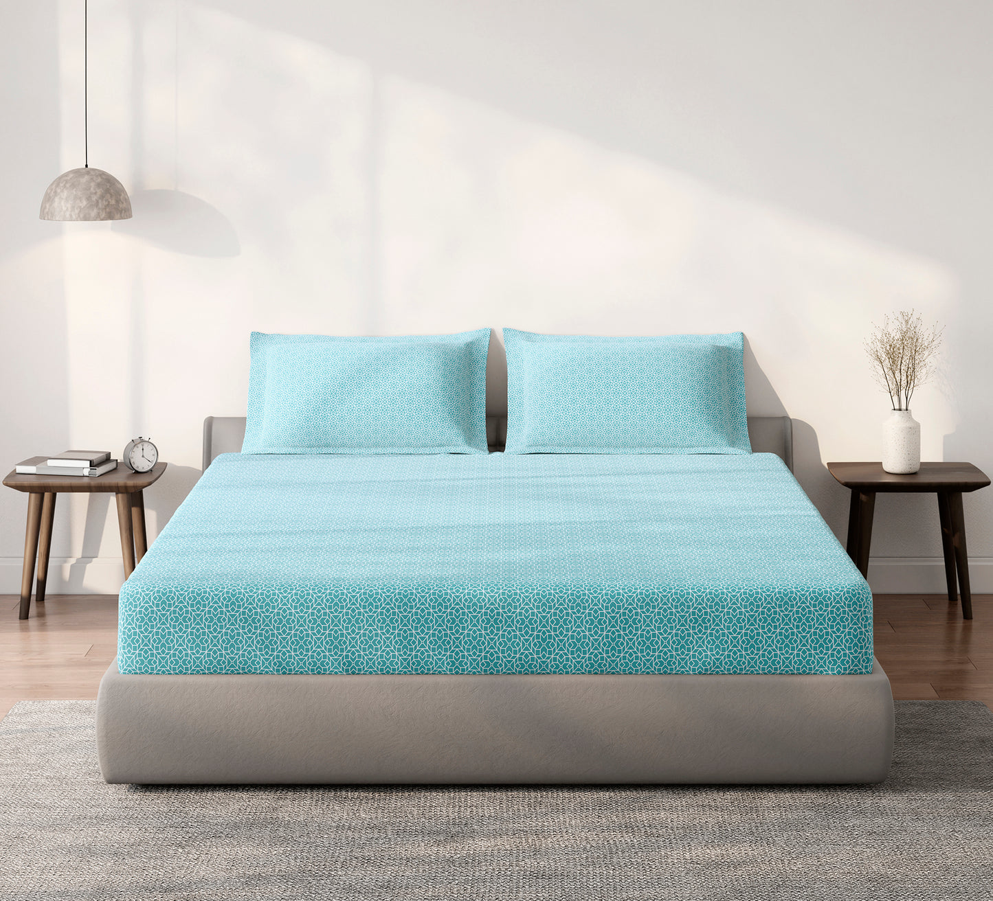 Spaces Aeris Light Aqua Geoemtric Cotton 144TC Percale Large Bedsheet Set