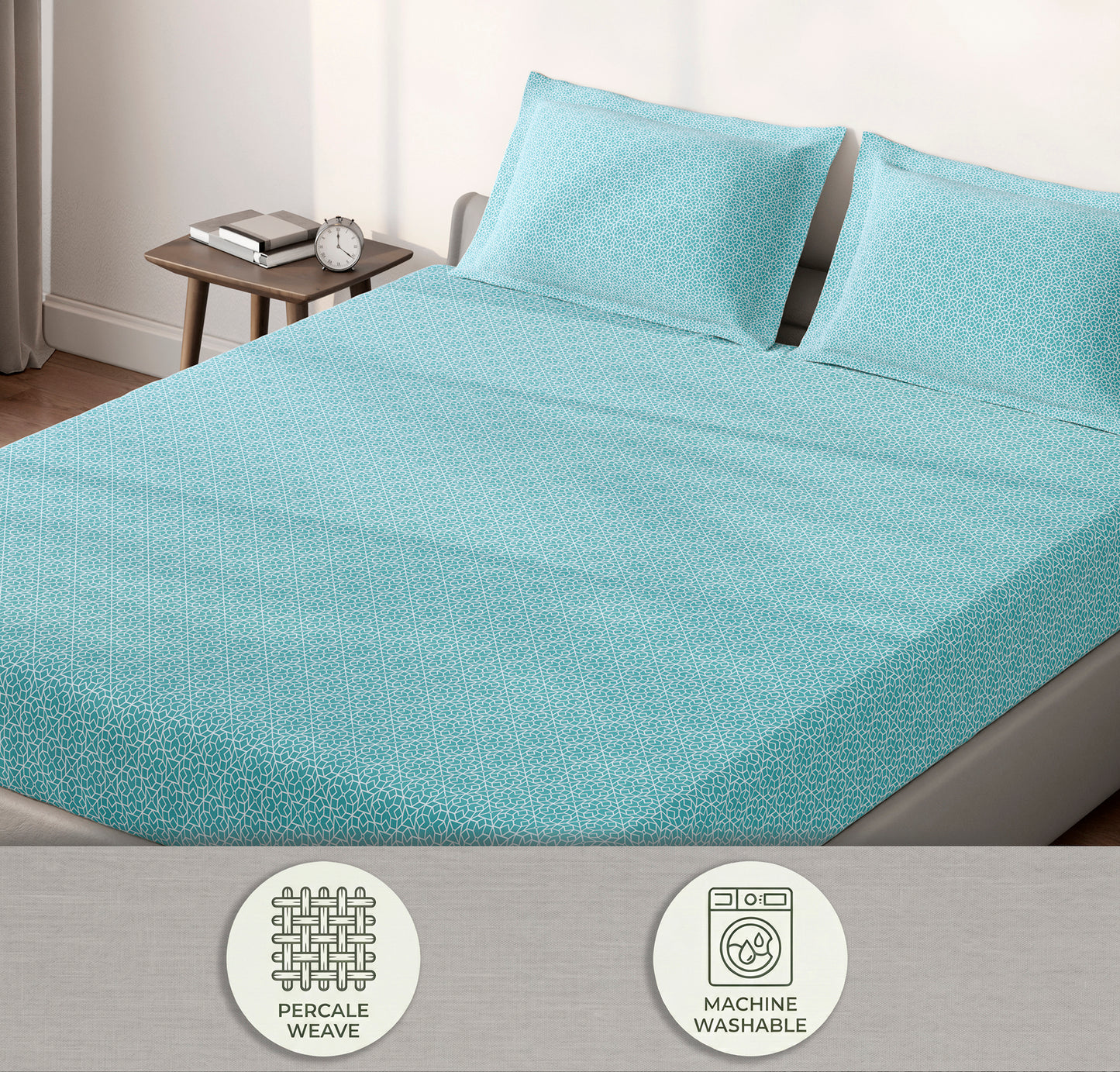 Spaces Aeris Light Aqua Geoemtric Cotton 144TC Percale Large Bedsheet Set