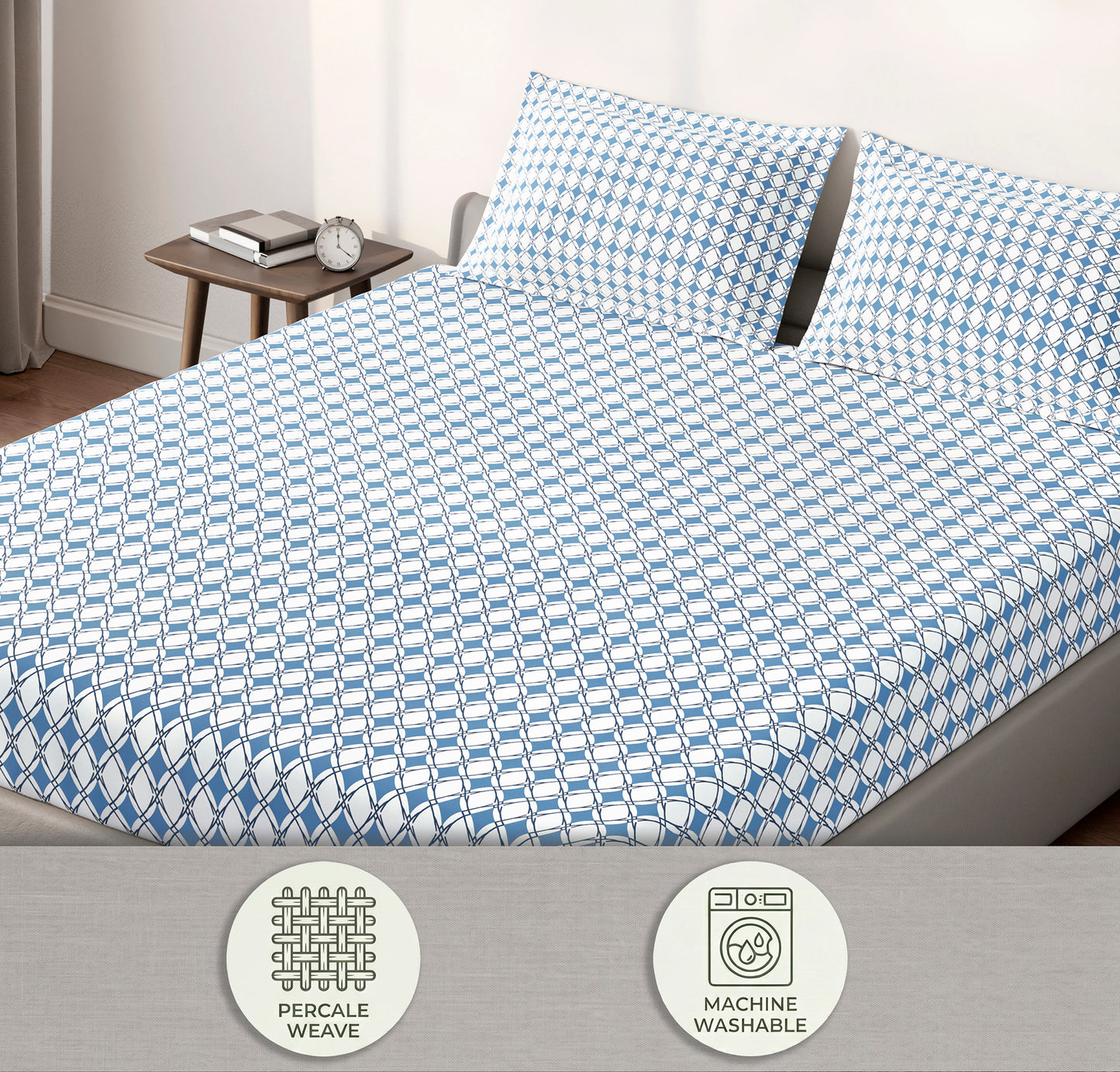 Spaces Aeris Blue Geometric Cotton 144TC Percale Large Bedsheet Set