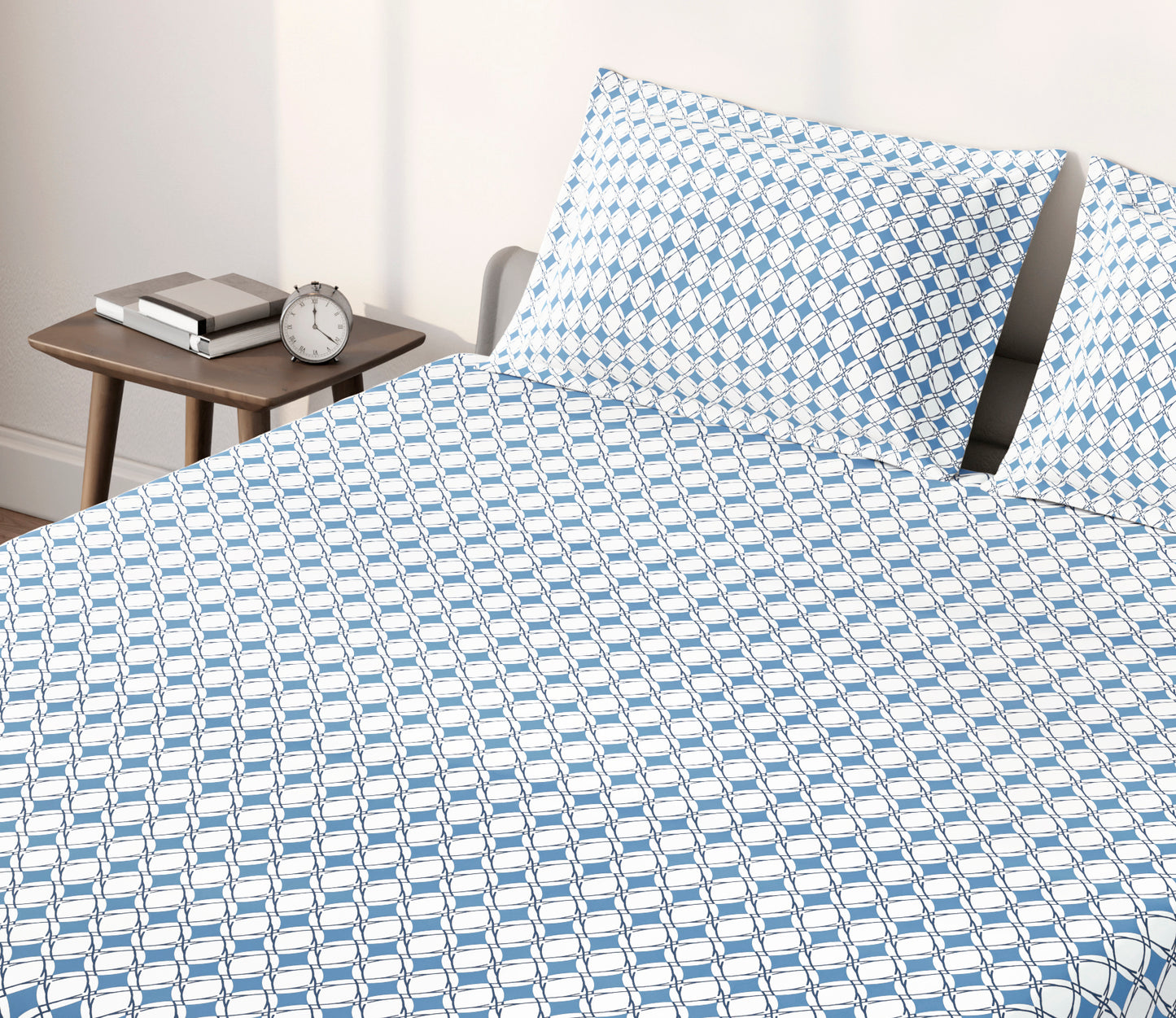 Spaces Aeris Blue Geometric Cotton 144TC Percale Large Bedsheet Set