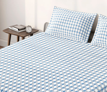 Spaces Aeris Blue Geometric Cotton 144TC Percale Large Bedsheet Set