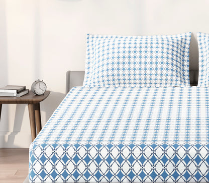 Spaces Aeris Blue Geometric Cotton 144TC Percale Large Bedsheet Set